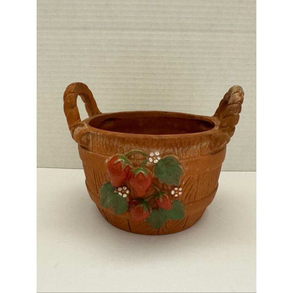 Enecso Terracotta Red Clay Basket Planter with Handles Strawberries & Leaves